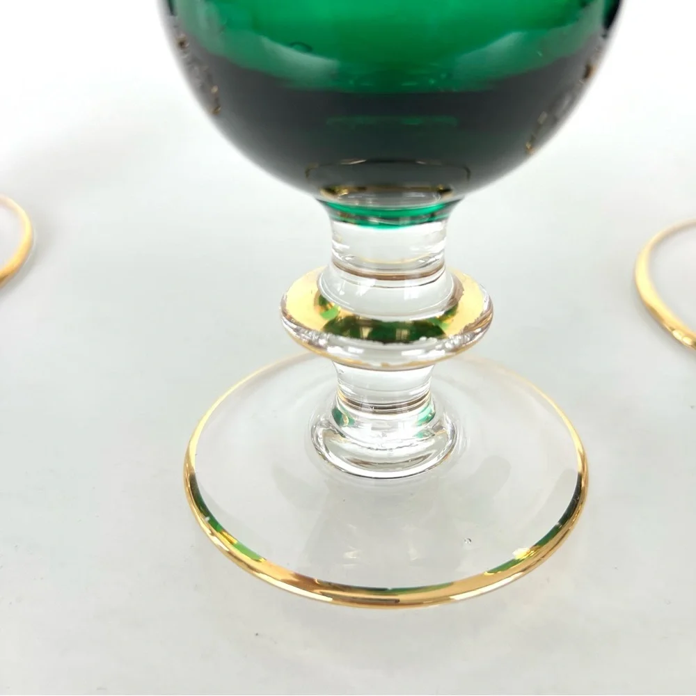 Vintage Goblet 3pc Set Emerald Green 24k Gold Plated Italian Style Wine Glass